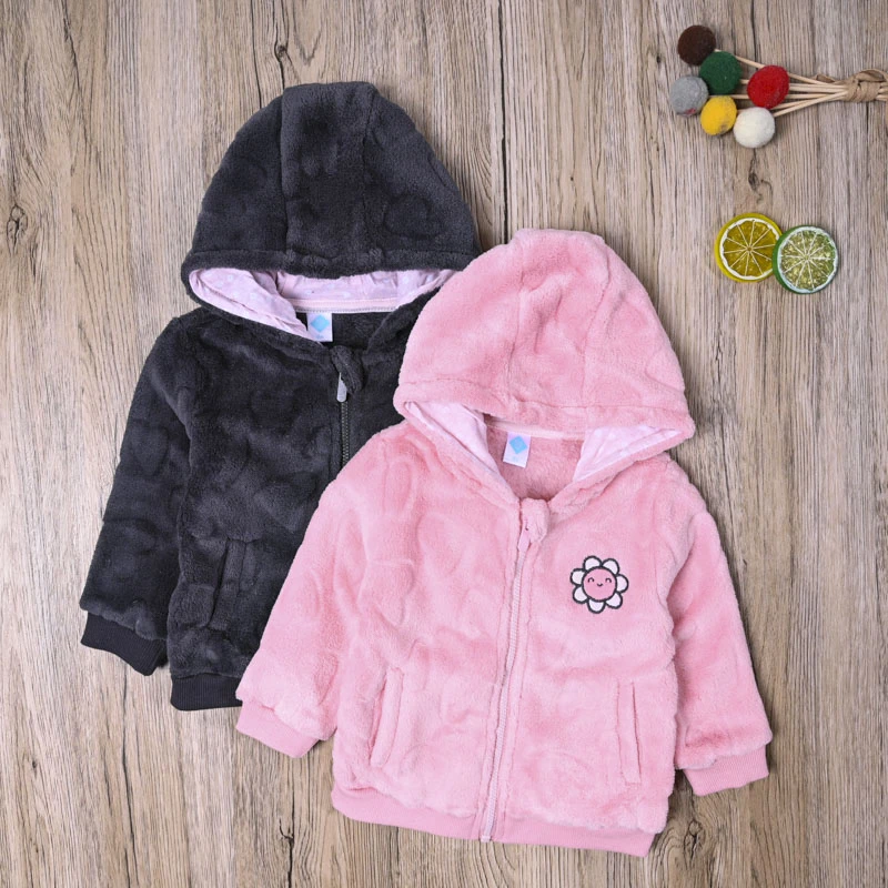外贸欧美童装女宝春秋冬毛绒连帽外套 女童可爱珊瑚绒衫开衫上衣