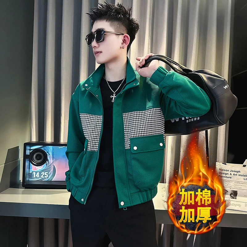 2024新款ins夹克男痞帅立领褂子男装拼接格子加厚百搭外套潮流