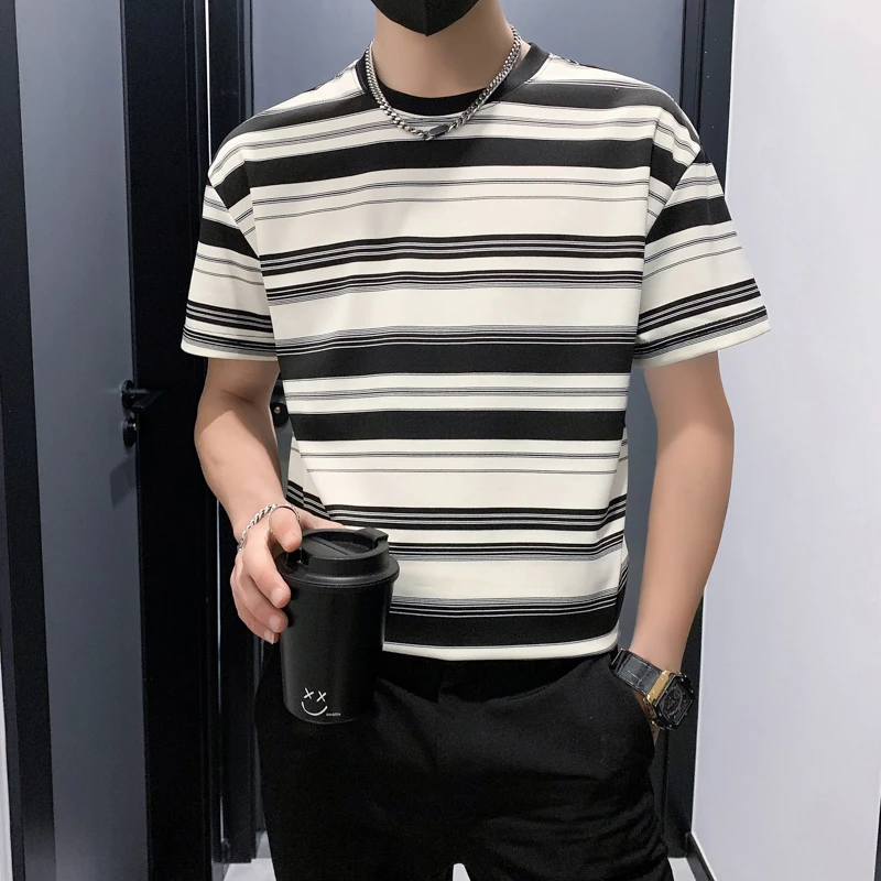 夏季条纹T恤男黑白短袖ins潮牌半截袖2024新款男装痞帅半袖海魂衫