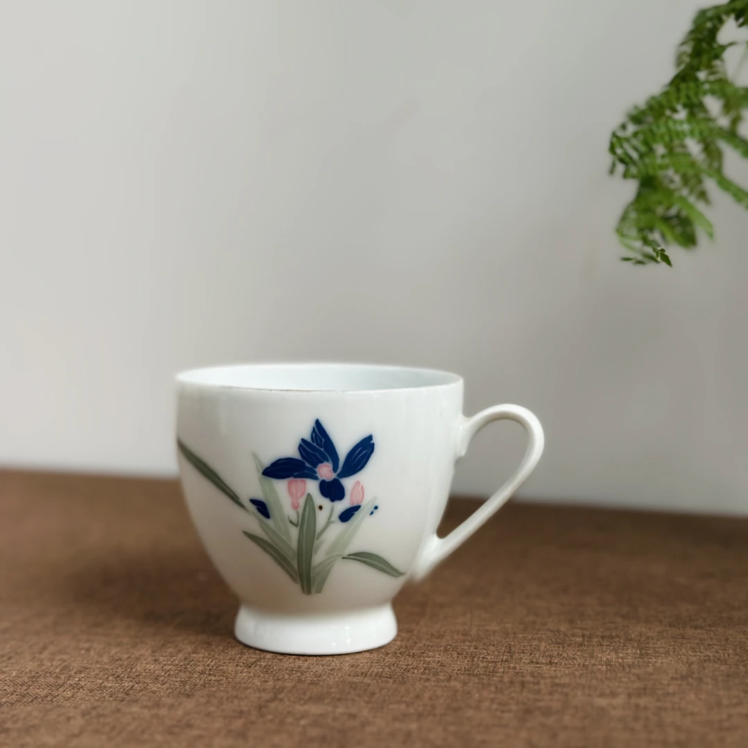 醴陵部所老瓷器釉下五彩手绘大球泥兰草茶杯有窑裂