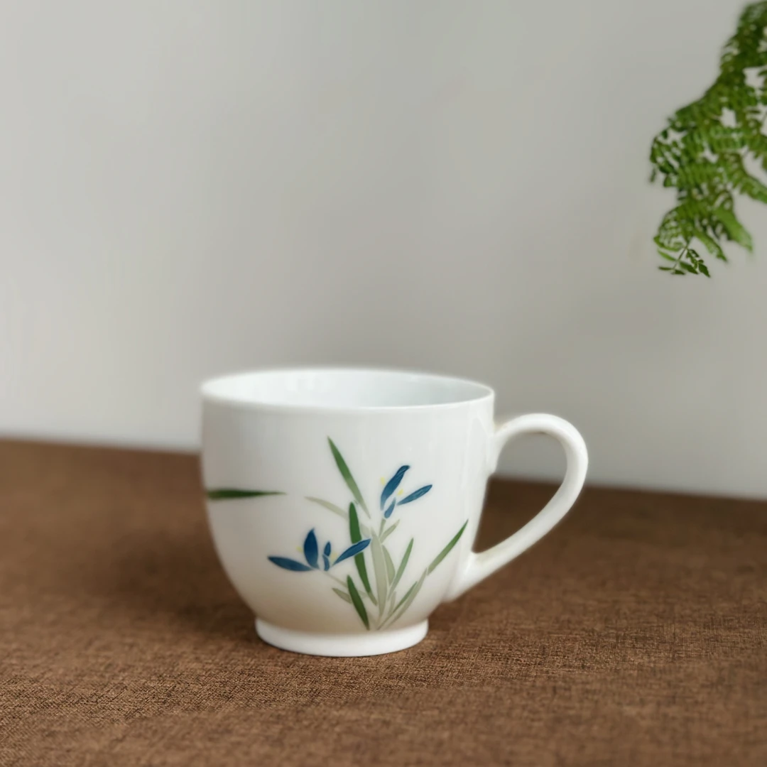 醴陵群力老瓷器釉下五彩手绘大球泥兰草小茶杯完整微瑕