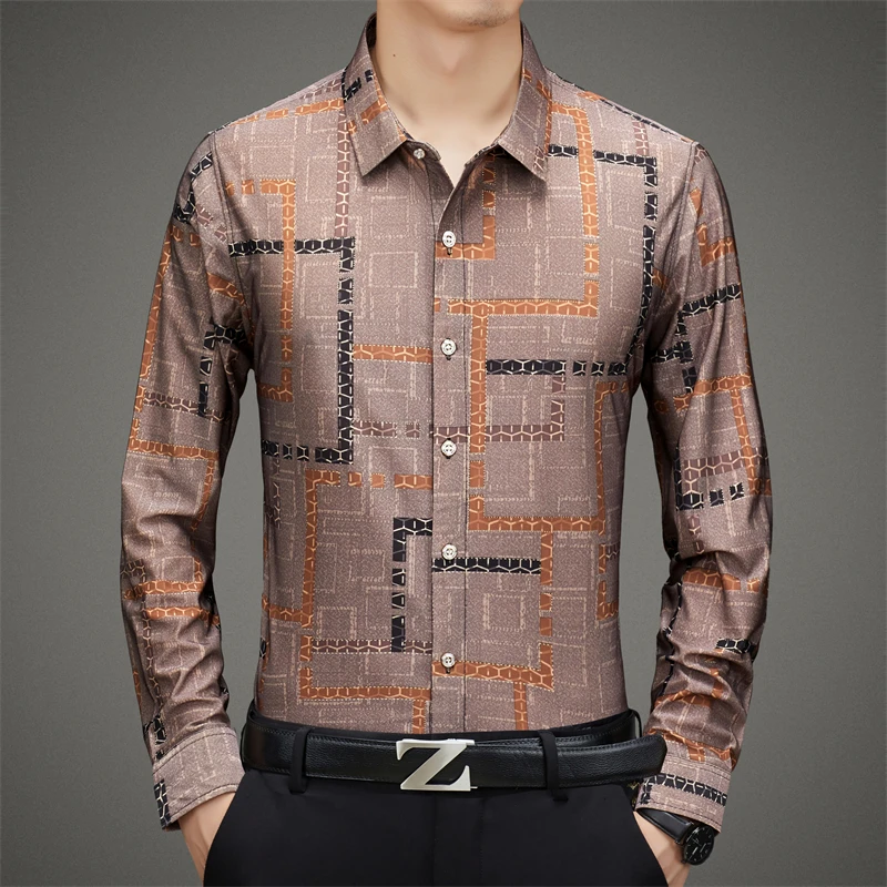 长袖男士秋衬衫薄大码格子烫金衬衫商务休闲中年爸爸装衬衣中国风