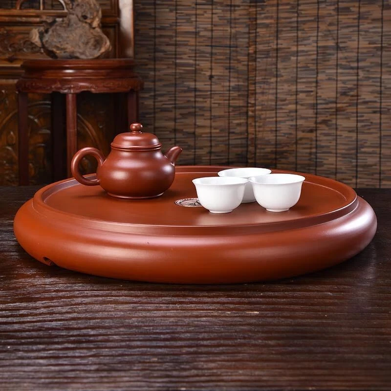 明德园朱泥功夫茶盘手拉家用茶具圆形红泥紫砂落水式茶船茶台14寸