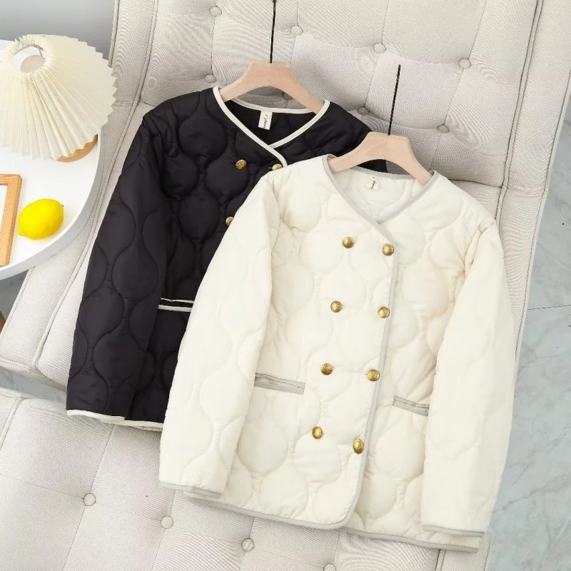 2024年大码秋冬季新款双排扣轻薄小棉衣纯色休闲保暖圆领棉衣