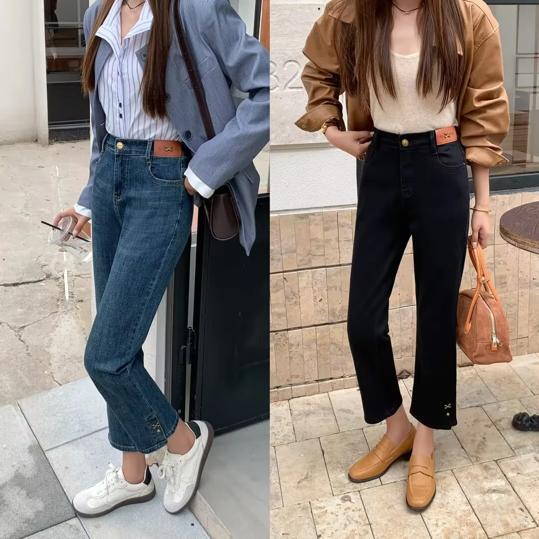 大码胖妹妹黑色直筒九分牛仔裤 秋冬梨形身材遮肉显瘦弹力烟管裤