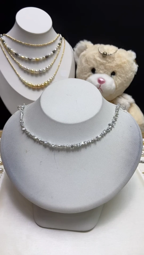 【闪购商品】海水珍珠项链18K金镶嵌akoya银灰色keshi