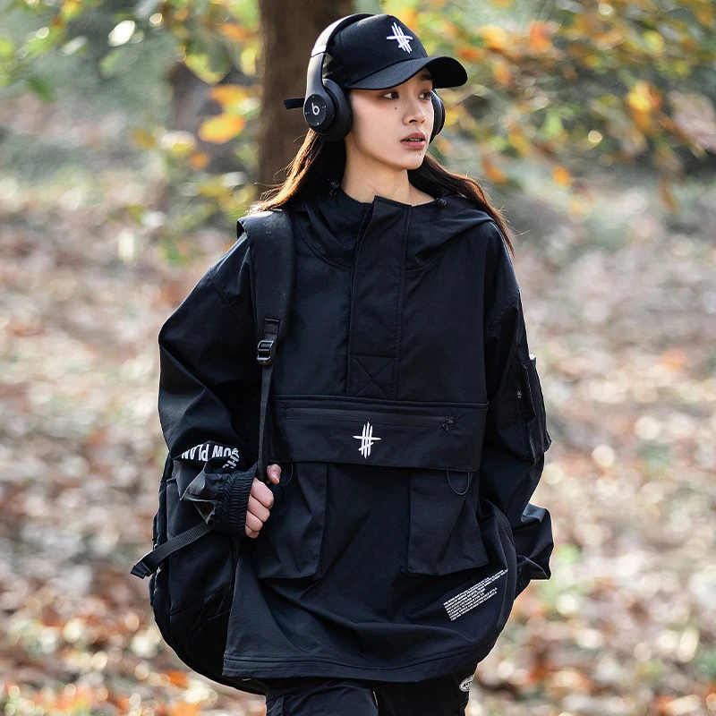 AOGZ美式夹克男春秋宽松休闲痞帅反光半拉链机能情侣工装秋冬式