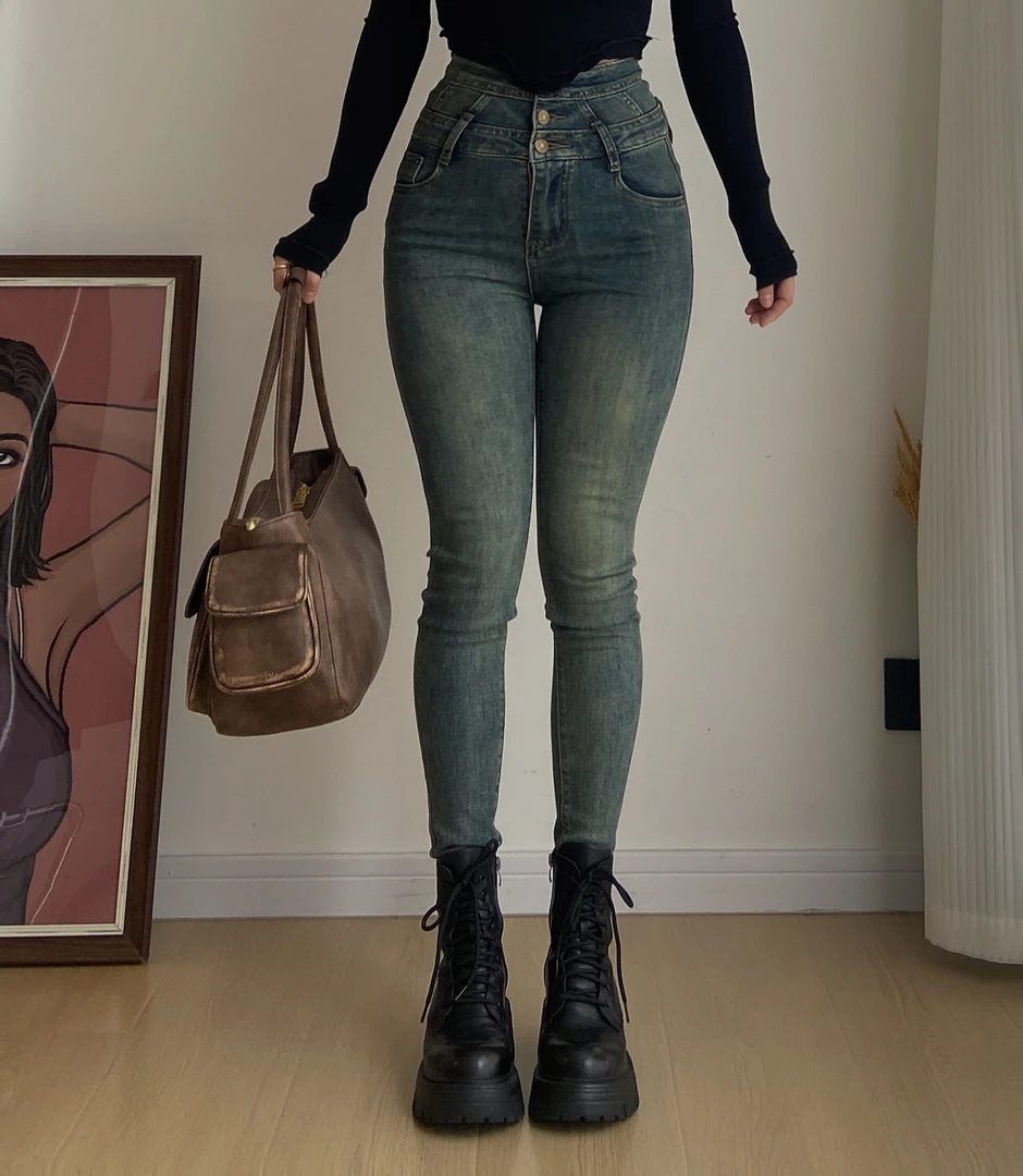 【你伍老板娘】三粒扣高腰加厚深色牛仔小脚裤牛仔裤女2288