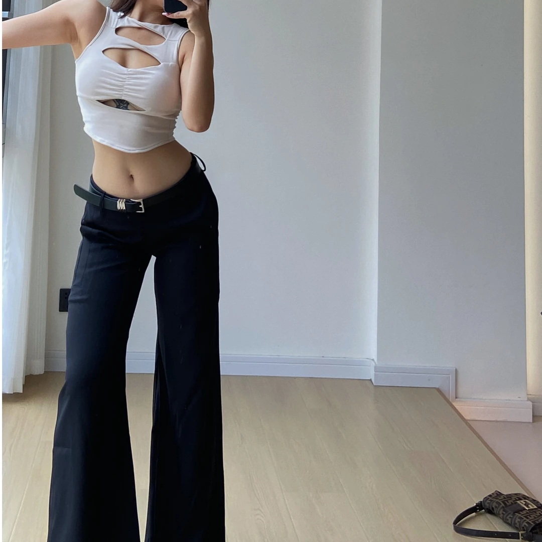 WUDASHEN 设计感V腰显瘦宽松西装裤低腰配腰带阔腿裤气质休闲裤