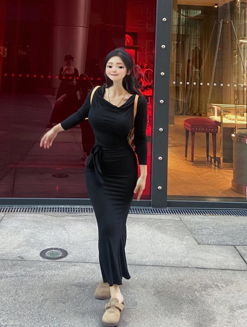 【你伍老板娘】荡领纯色显瘦连衣裙