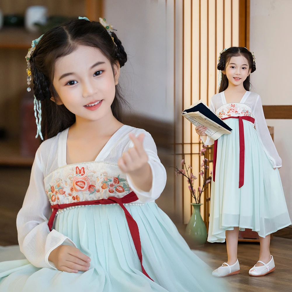 原创实拍新款春秋古装女童儿童改良日常齐胸汉服唐装连衣裙长袖仙
