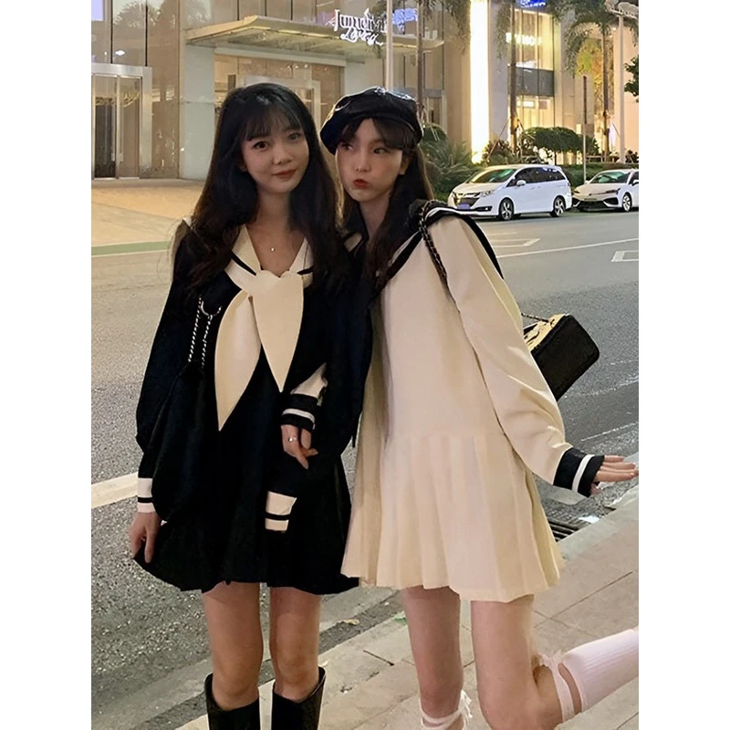 2024学院风海军领黑色裙子季新款小众设计感小个子大码女装连衣裙