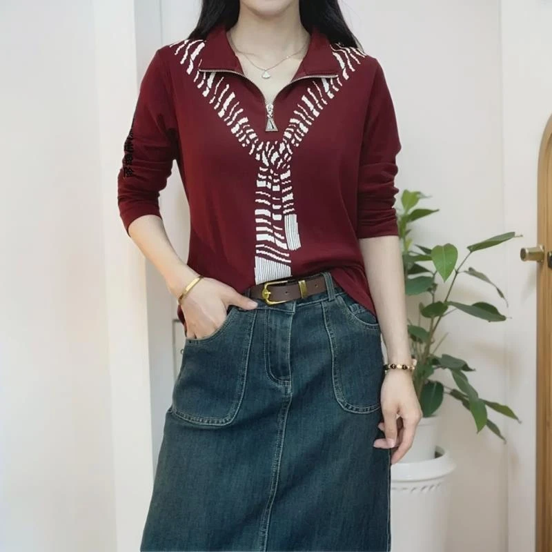 新款polo领假两件设计拉链精品洋气百搭气质时尚减龄显瘦长袖小衫