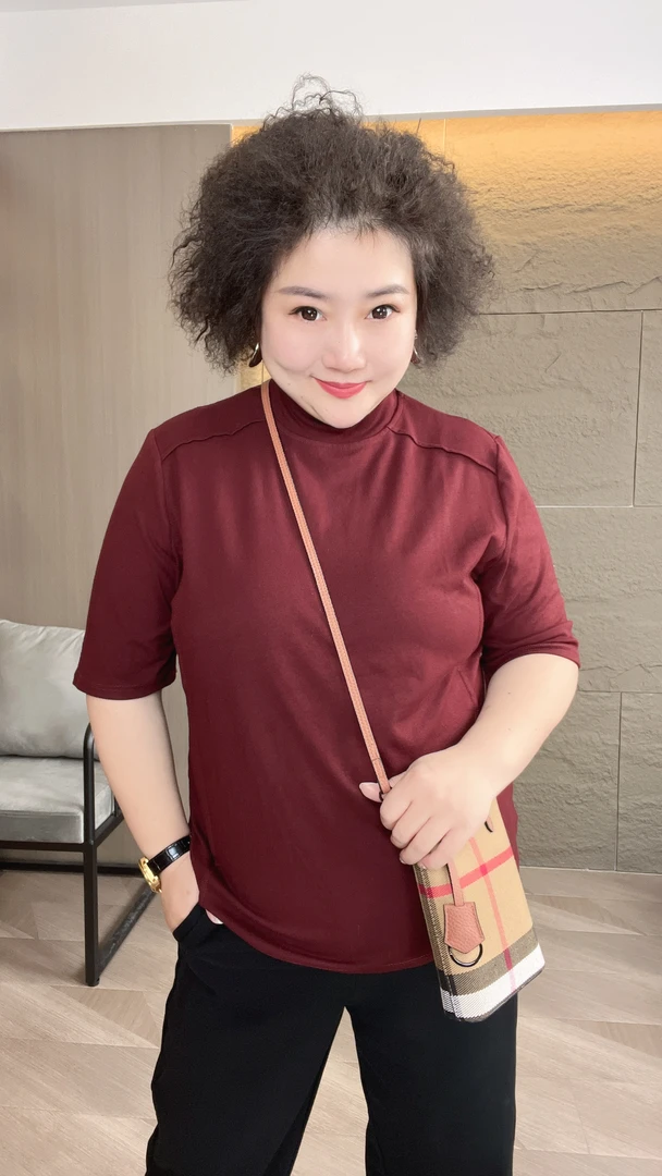 莉姐大码 秋冬季新款五分袖中领T恤纯色气质百搭遮肉显瘦