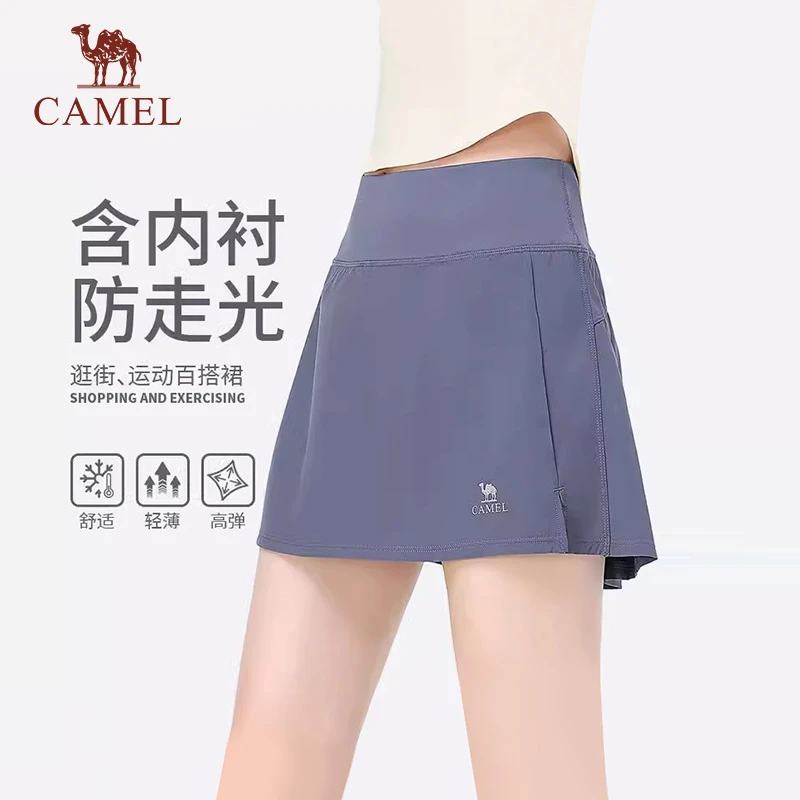 骆驼休闲运动短裙女款瑜伽群透气含内衬假两件裤裙防走光百褶裙