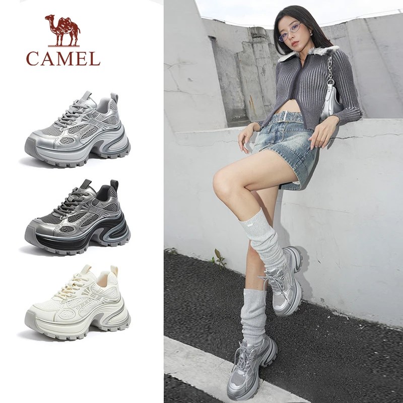 骆驼女鞋2025春季新款时尚休闲鞋女厚底银色炫酷老爹鞋增高运动鞋