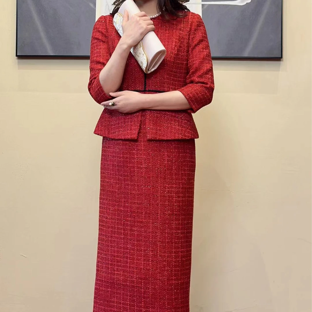 连衣裙时尚红色秋冬气质洋气修身显瘦喜婆婆装冬天敬酒服ins网红