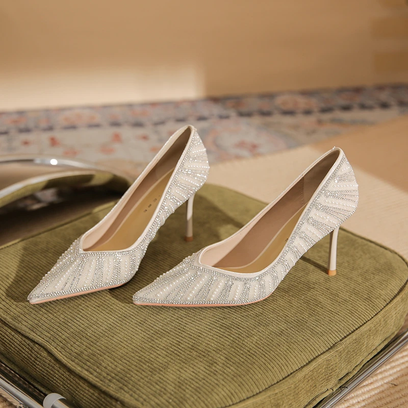 夏季水钻增高尖头常规细跟高跟鞋性感设计感春季浅口伴娘