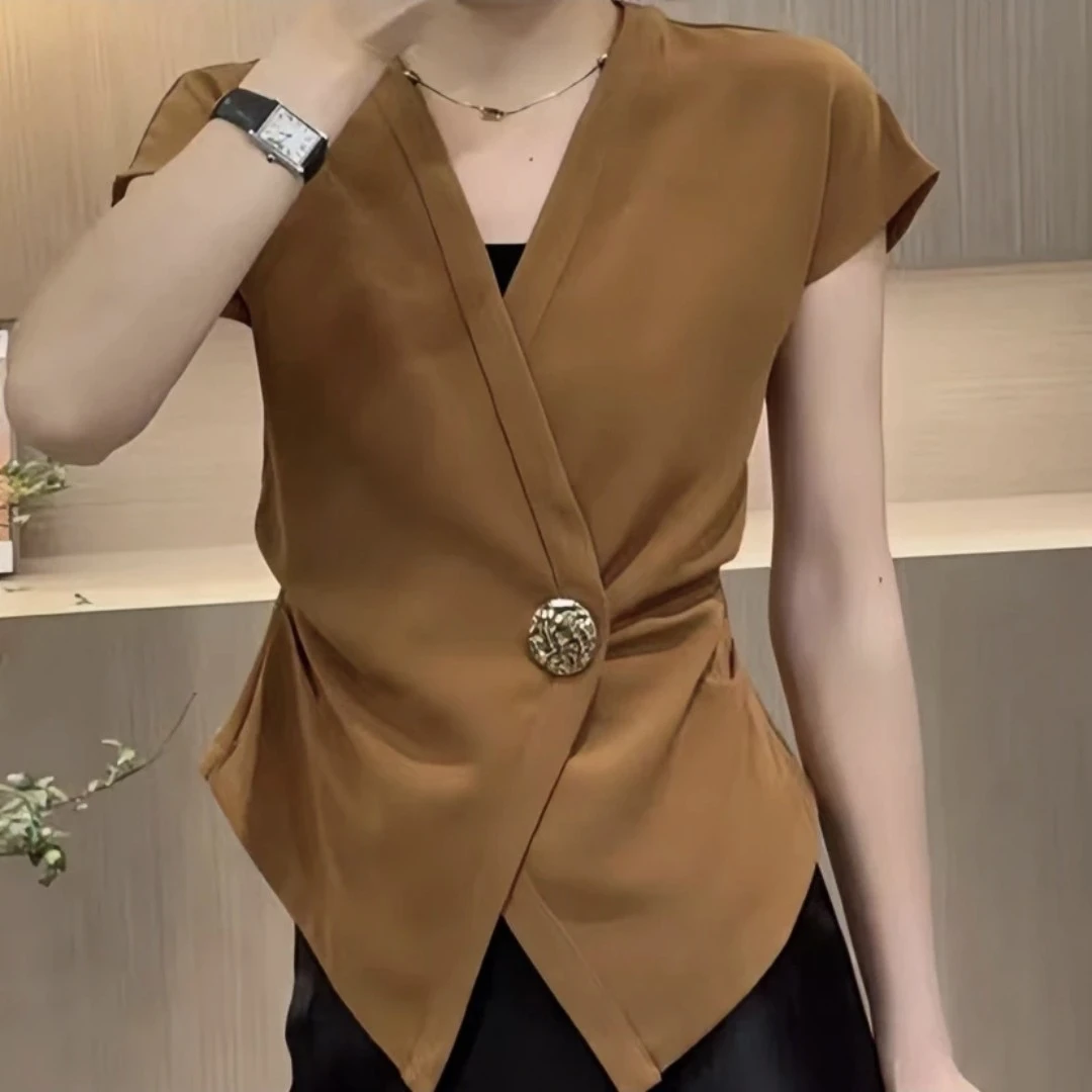 夏季高级感收腰V领一粒扣精致显瘦夏季开衫上衣网红时尚款