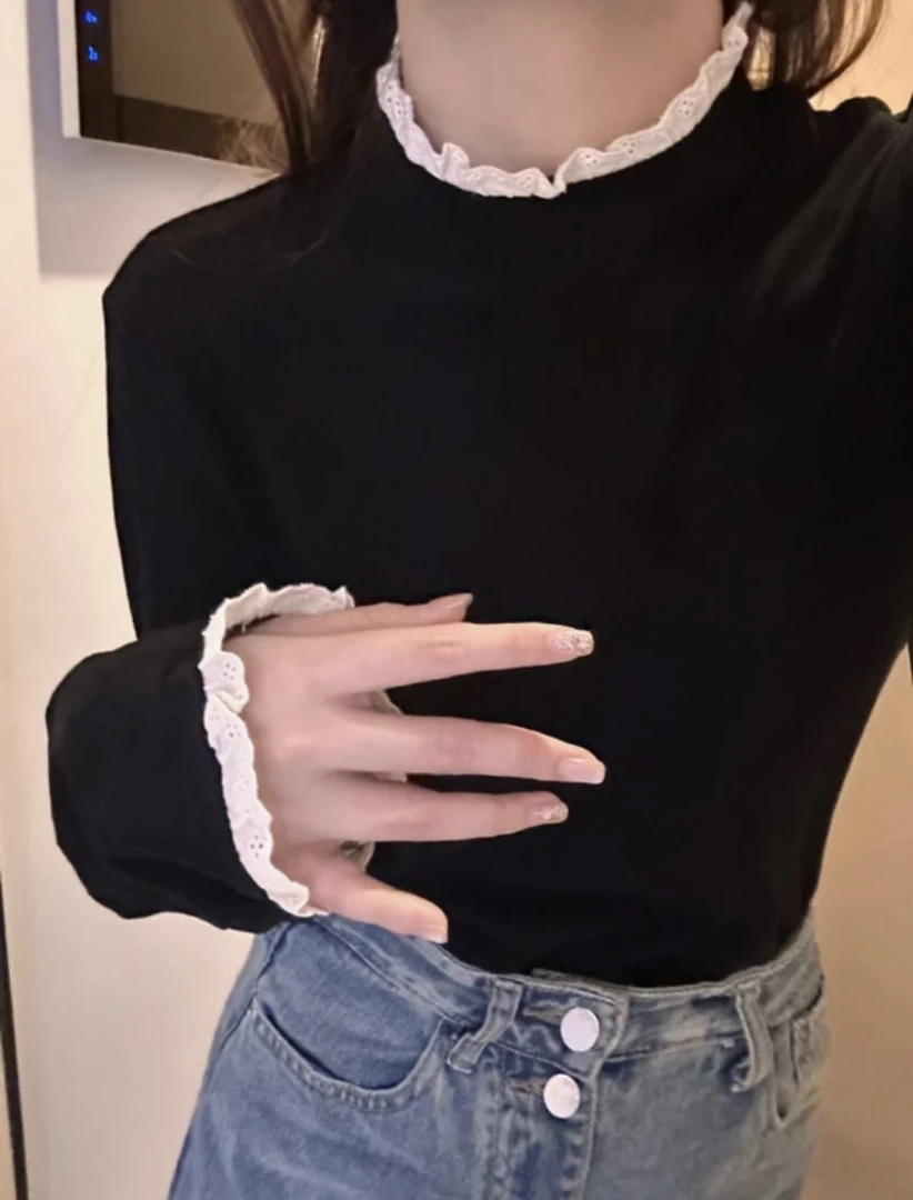 洋洋 韩系甜美氛围感半高领仙气蕾丝边磨毛内搭上衣