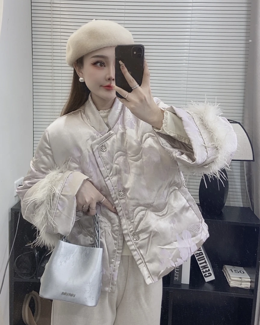 ｛富家千金｝立领提花高级感新中式驼鸟毛斜门襟提新中式外套