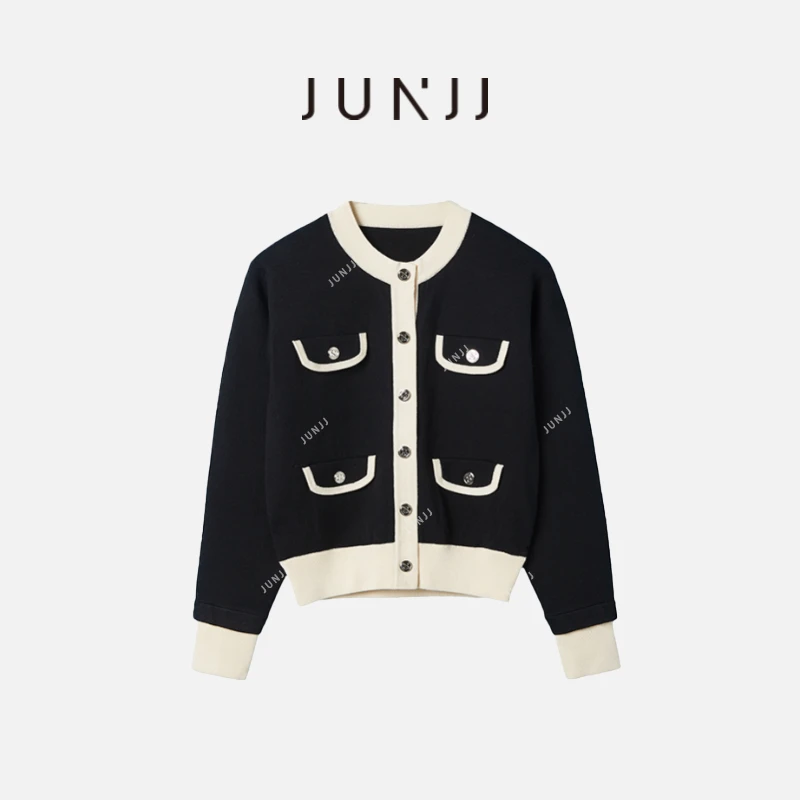 JUNJJ【SDL经典小香】2024圆领套头长袖黑色休闲时尚设计针织气质女