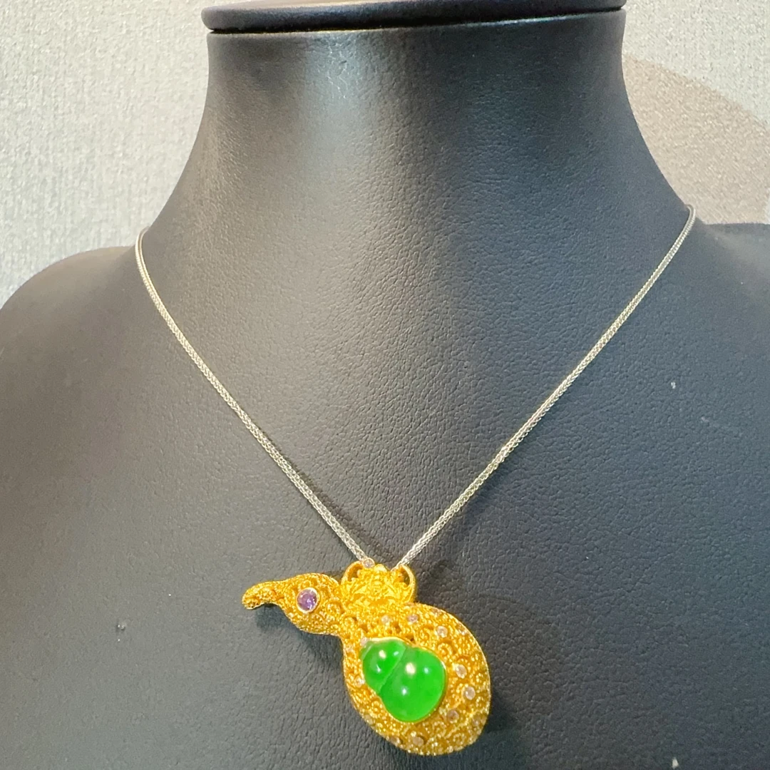 【新款吊坠】天然a货翡翠阳绿葫芦吊坠宝瓶掐丝工艺0180