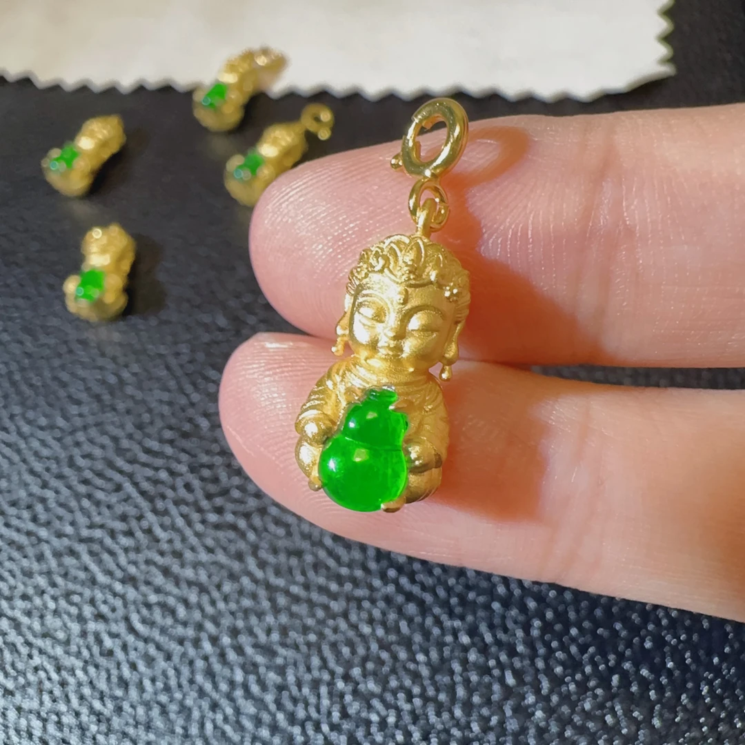 【小提溜可搭配手链项链】天然A货翡翠阳绿葫芦小吊坠宝宝佛s925银