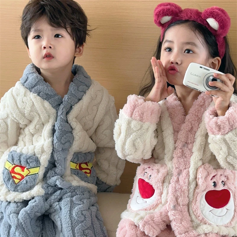 儿童卡通麻花提花秋冬款家居服套装睡衣保暖加绒加厚毛绒男女童