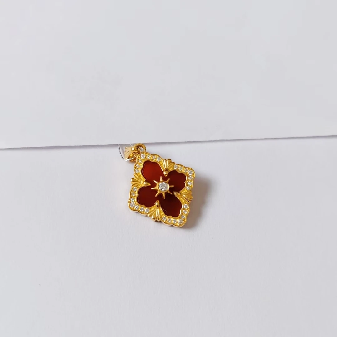 足金999  莫桑红贝布布四叶草吊坠
