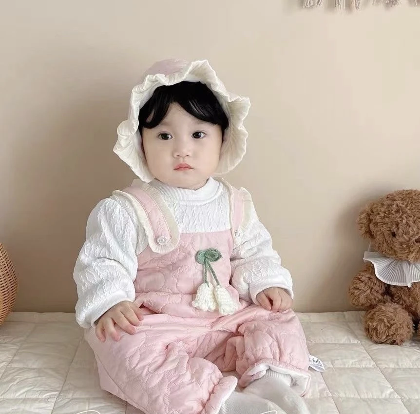 婴儿加绒加棉秋冬装新生儿假两件连体衣女宝宝公主哈衣外出爬服