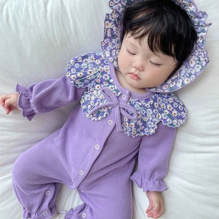 新生儿衣服单层紫色婴儿秋装可爱女小宝宝连体衣春秋外出服长袖