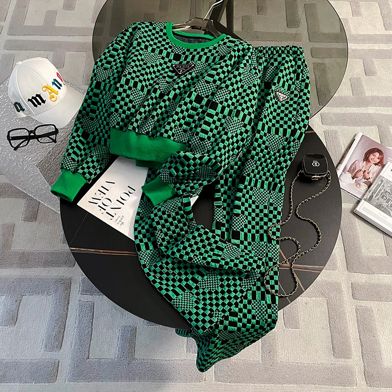 休闲运动套装女秋季新款潮流时尚洋气绿色棋盘格卫衣阔腿裤两件套