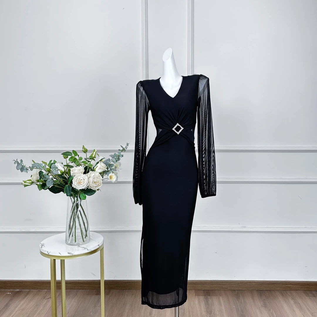 新款气质扭结设计时尚款连衣裙夏季长袖优雅长款裙子显瘦收腰长裙