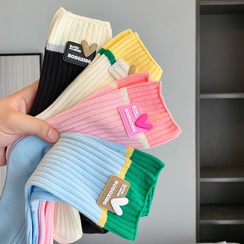 粉色爱心袜子女双针中筒袜春秋季ins潮拼色多巴胺穿搭长筒堆堆袜