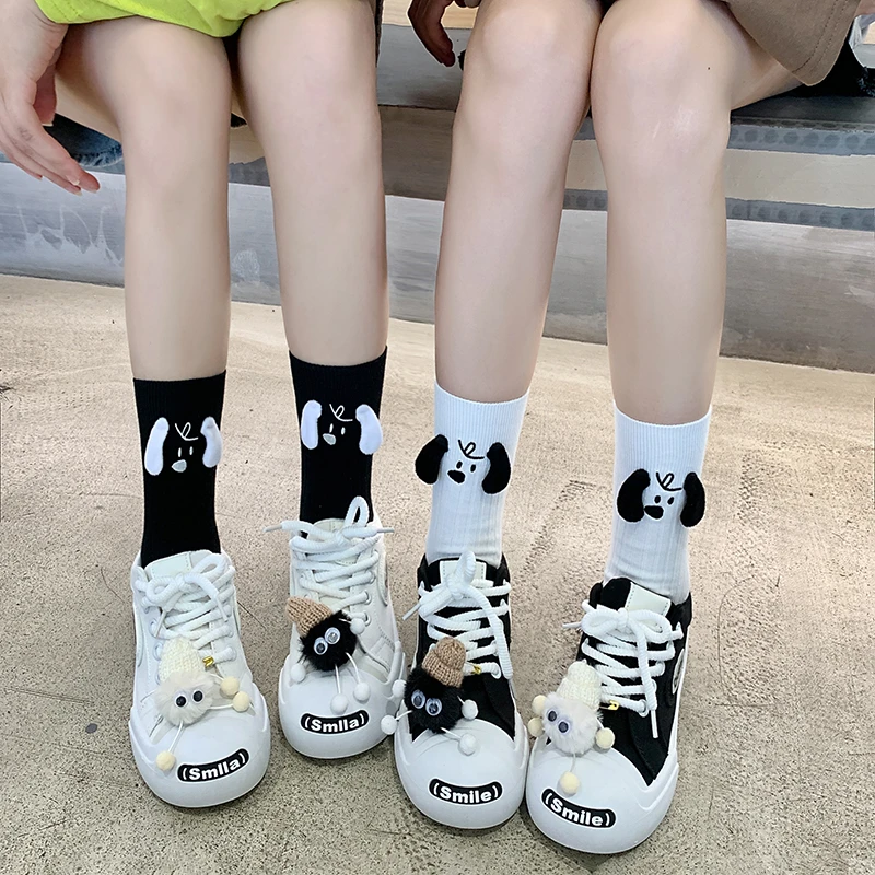 刺绣白色袜子女立体卡通小狗黑白中筒袜ins潮网红外穿纯棉情侣袜