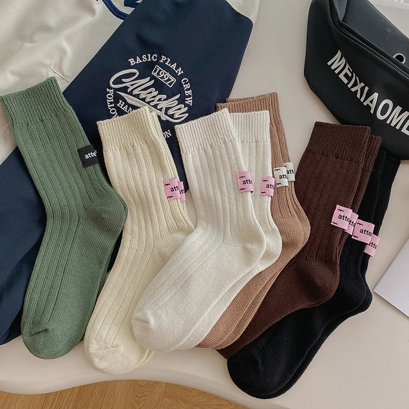 春秋日系粉标签复古纯色粗线针织中筒袜ins潮韩版男女情侣堆堆袜