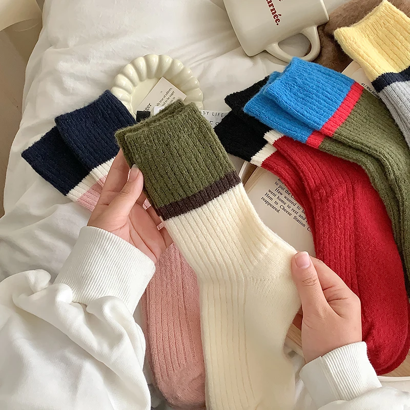 拼接撞色羊毛袜子女中筒袜纯色秋冬季加厚加绒保暖日系长筒堆堆袜