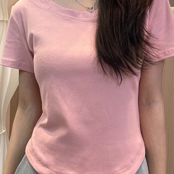 弧形下摆法式短款别致粉色短袖正肩t恤女夏季修身设计感褶皱上衣