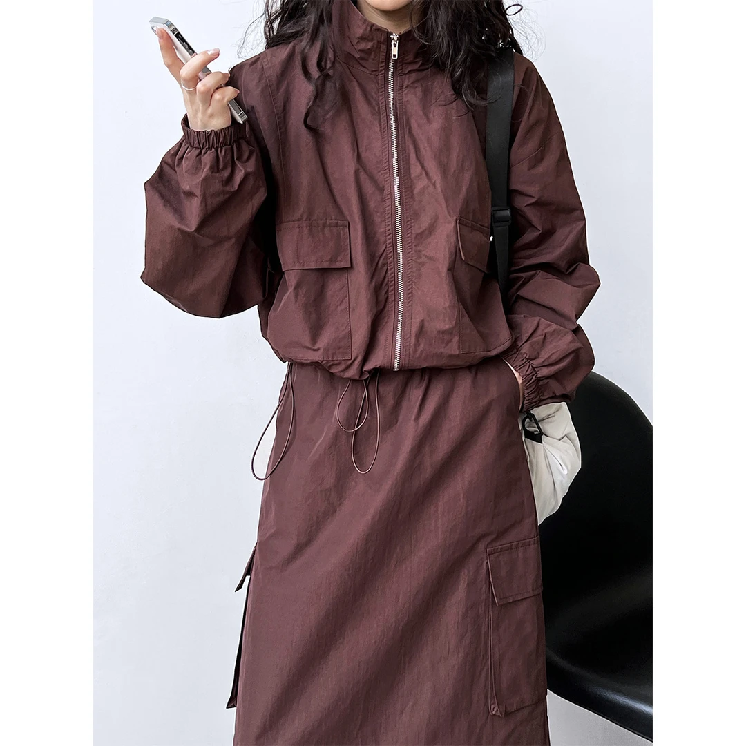 绱品 美式短款夹克外套+抽绳半身裙两件套户外运动工装套装女2317