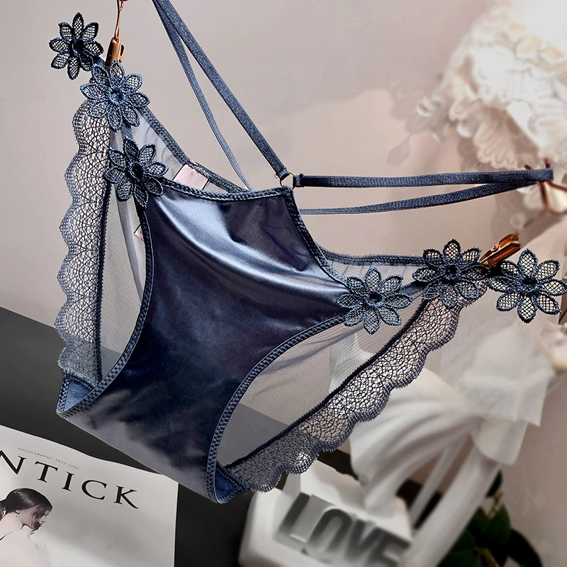 法式性感蕾丝立体刺绣花朵时尚腰间细带高开叉镂空女士三角裤纯棉