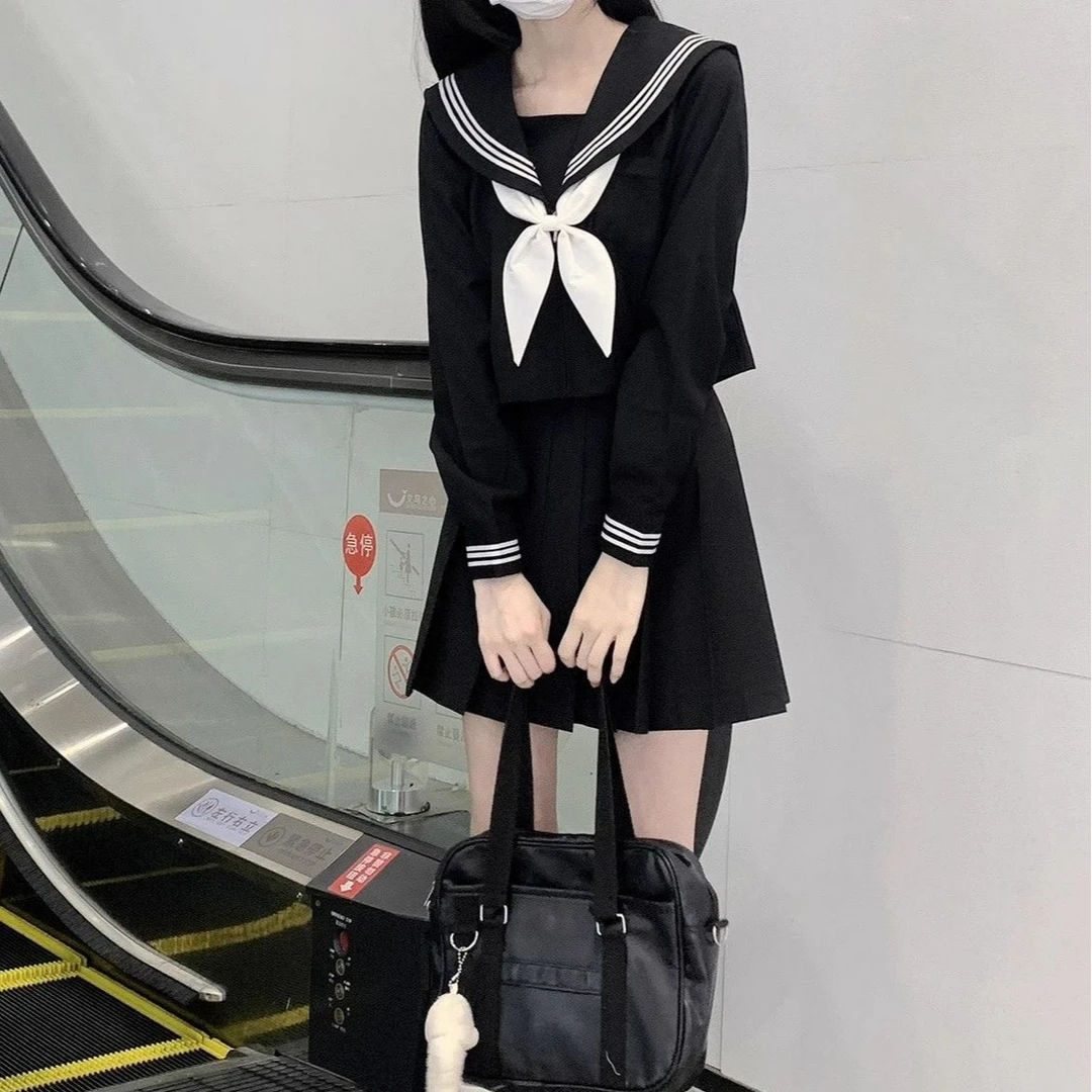 黑色jk制服正统不良款水手服基础款黑三本jk制服女短袖学院风套装