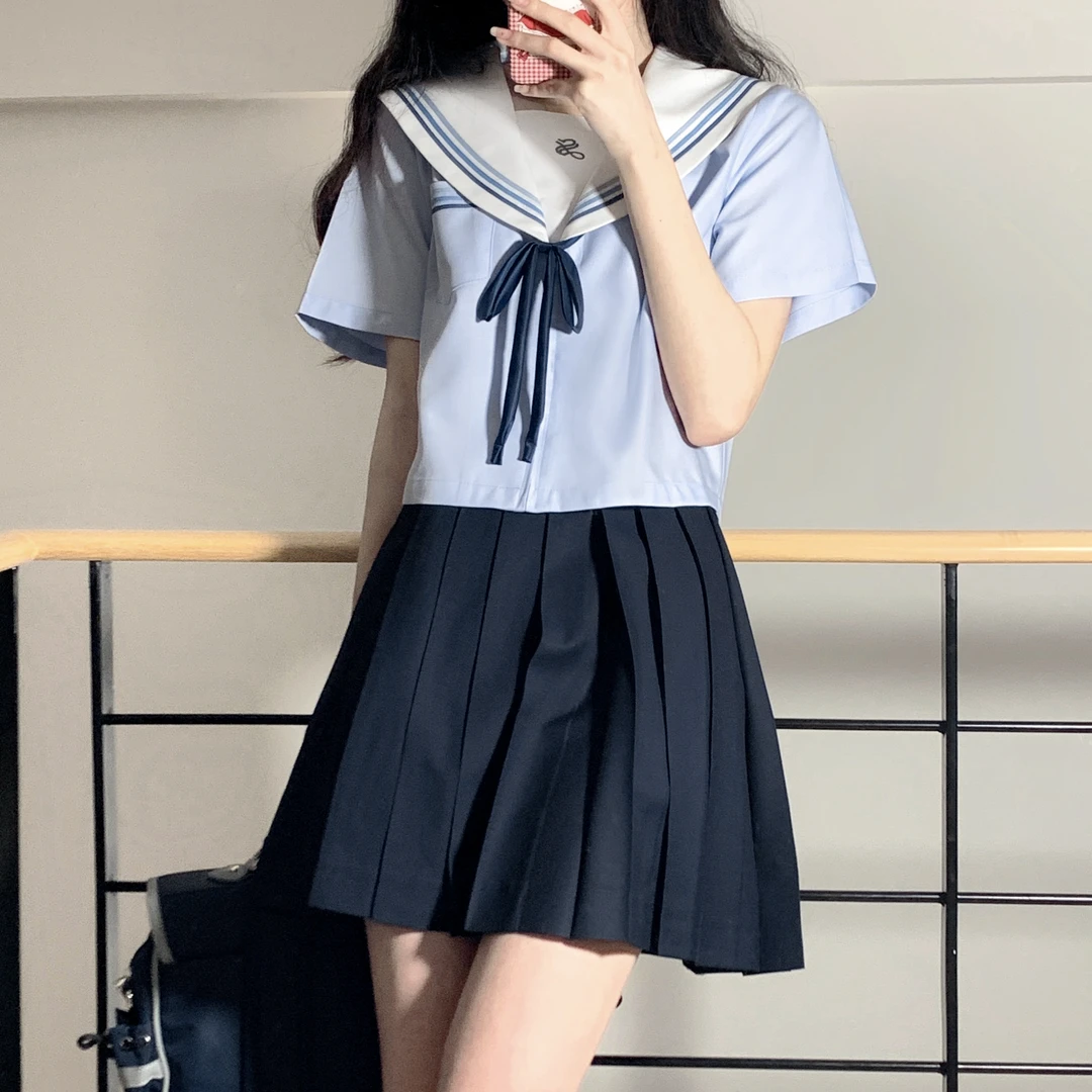 jk原创水手服定制款水蓝色高质量制服日系压褶制服短款百褶裙女