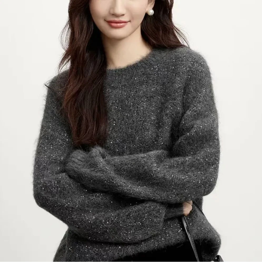 “银河系”超幼马海毛亮片圆领套头针织衫