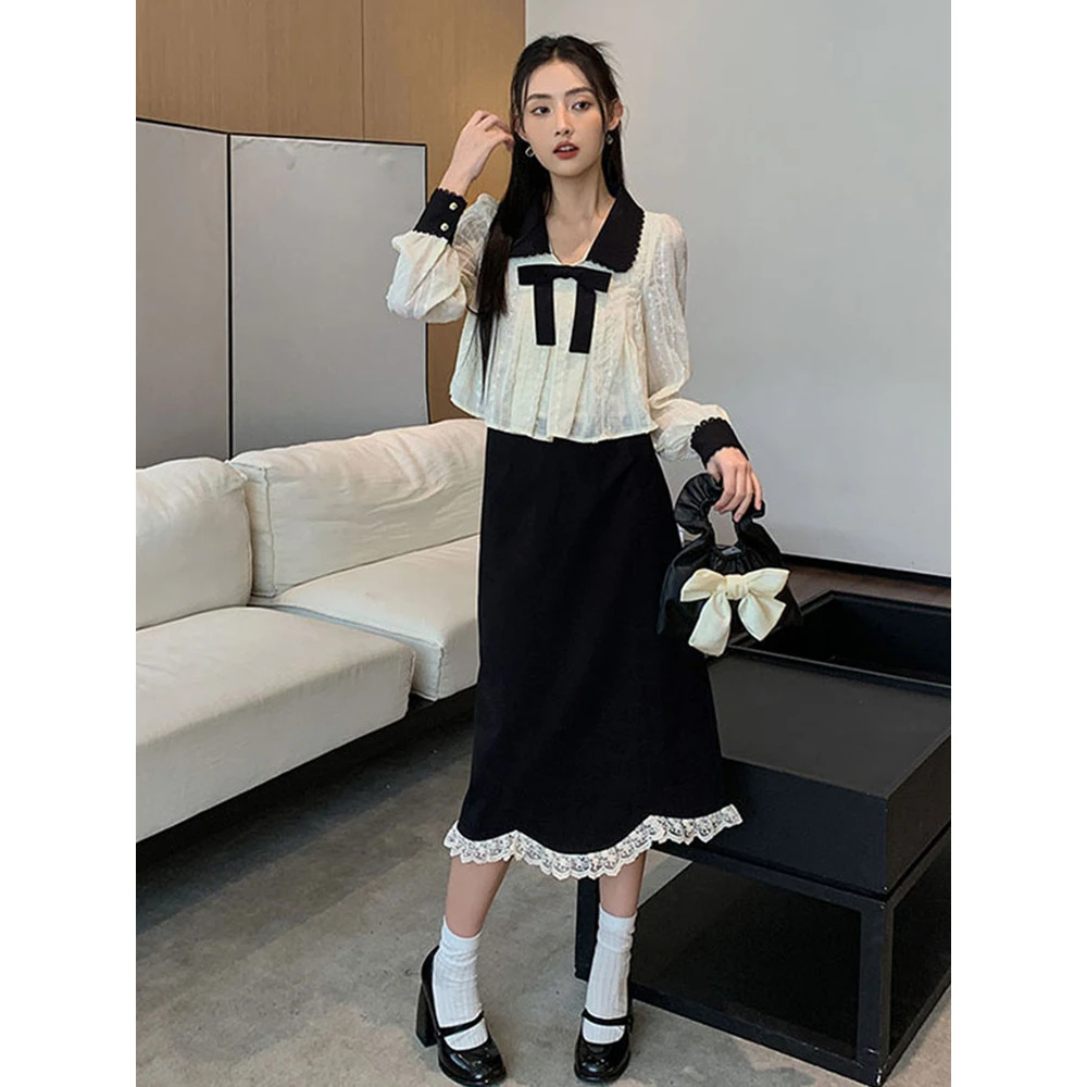 2024秋爆款高级感蝴蝶结漂亮小衫娃娃领长袖衬衫+长半裙气质套装