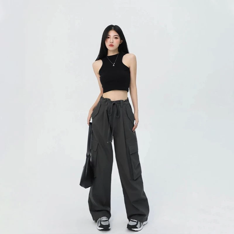 2024复古美式高腰工装裤女春夏大码胖设计感小众显瘦休闲直筒阔腿