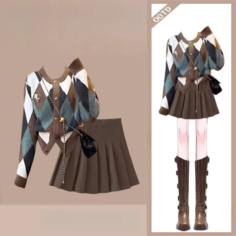 2024春秋季温柔穿搭女新爆款时尚套装气质减龄菱格针织毛衣半身裙