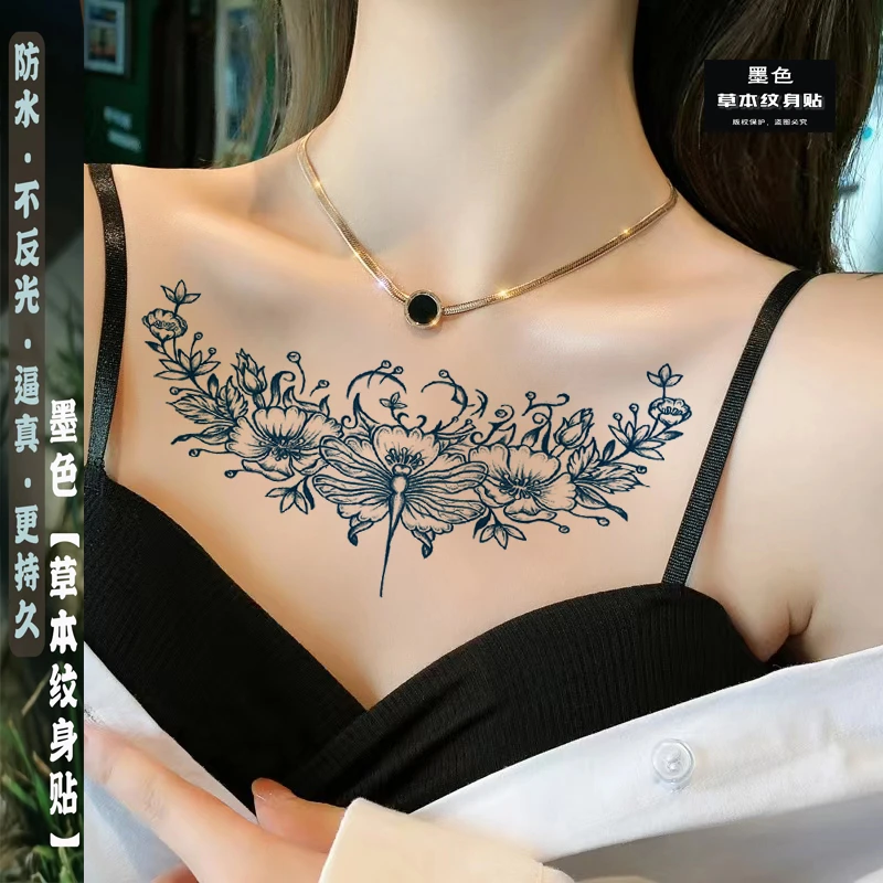 墨色草本纹身贴花胸花胛女神款防水持久逼真个性妩媚不反光刺青色