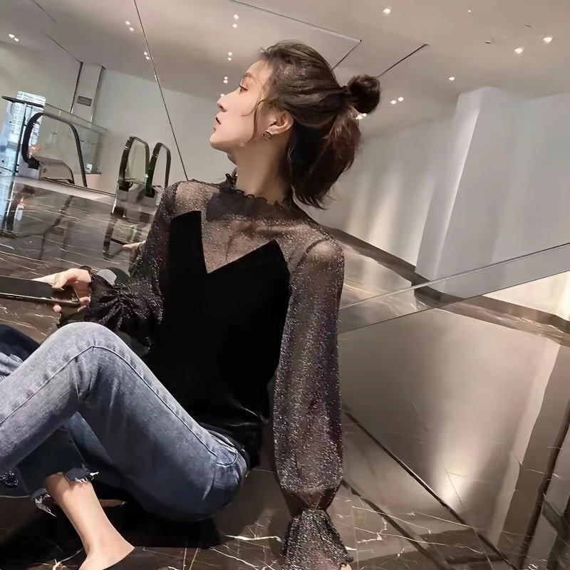 蕾丝亮丝丹姐大码女装【清仓无险金丝绒蕾丝衫】网红洋气显瘦修身女