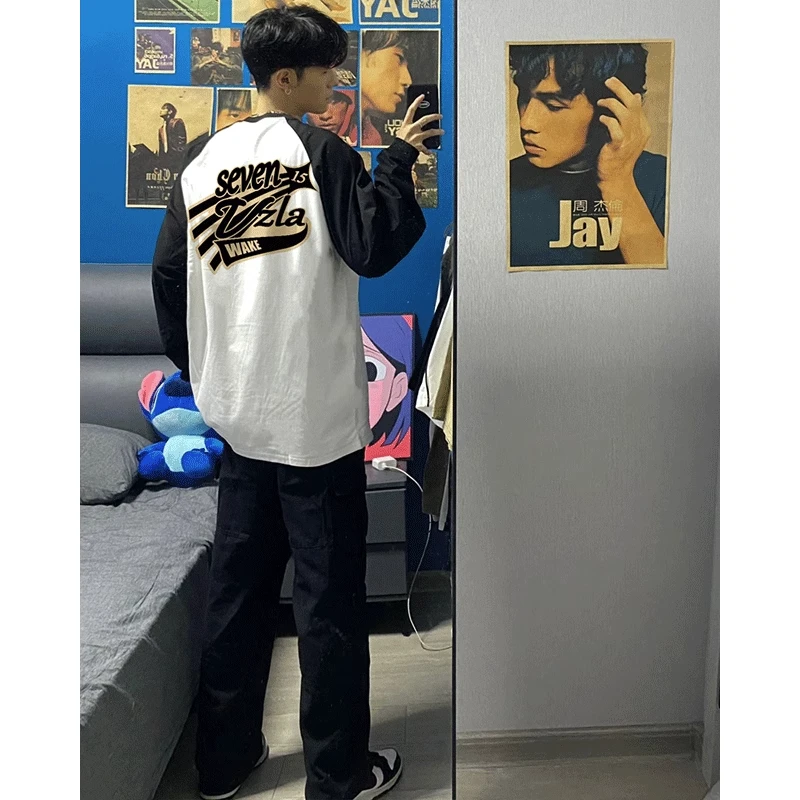 美式设计感撞色插肩纯棉内搭长袖T恤男款秋季潮牌宽松拼接打底衫